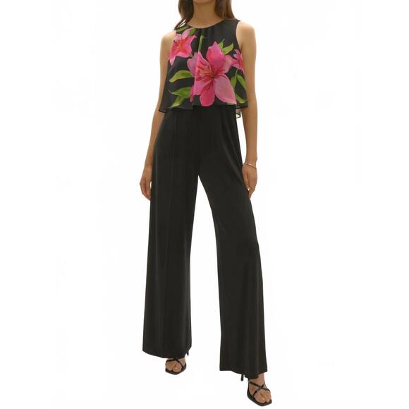 JOSEPH RIBKOFF Pants - NEW JOSEPH RIBKOFF floral chiffon wide leg jumpsuit in black/multi